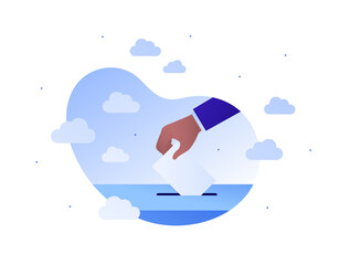 Democratic vote and election day concept. Vetcor flat illustration. Human hand drop vote paper to box. African american ethnic skin color. Design for campaign, web, infographic.