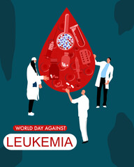 World Leukemia Day concept. Drop of blood with Erythrocytes,leukocytes, pills,tablets,medical tools.Tiny doctors make laboratory tests and cure.Hemophilia or Leukosis.Online medical consultation