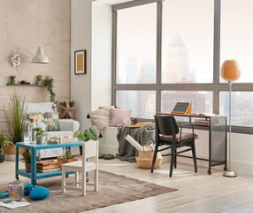 Modern decorative living room corner and city view, child object interior style. Work table and laptop.