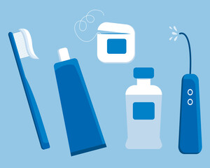 Set of teeth hygiene items: toothbrush, toothpaste, floss, oral flosser. and mouthwasher with sign DENTAL CARE. In blue colors. Vector
