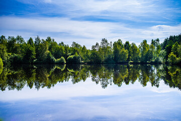 Water like a mirror on a forest lake on a summer sunny day