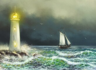 Naklejka premium Digital oil paintings sea landscape, fine art, lighthouse on the beach