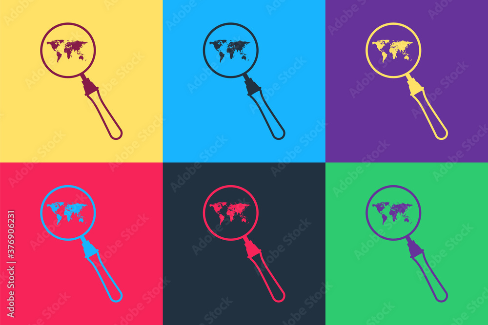 Poster pop art magnifying glass with world map icon isolated on color background. analyzing the world. glob
