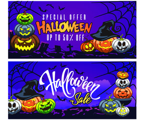 set of halloween ad banners for Discount promotion marketing concept. background - template design for poster, banner, social networks. set of design for instagram stories, suitable for postcards