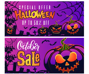 set of halloween ad banners for Discount promotion marketing concept. background - template design for poster, banner, social networks. set of design for instagram stories, suitable for postcards