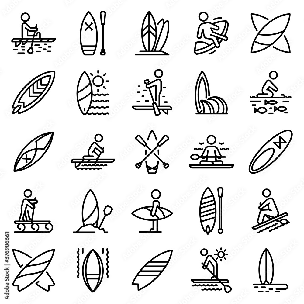 Poster sup surfing icons set. outline set of sup surfing vector icons for web design isolated on white back