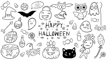 Hand draw illustration doodle style   word Happy Halloween decorated with cute cartoon, spooky, scary ghost, candy, witch hat, voodoo doll, spider.