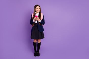 Full length body size profile side view of her she nice small little cheerful clever long-haired...