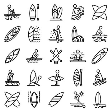 Sup surfing icons set. Outline set of sup surfing vector icons for web design isolated on white background