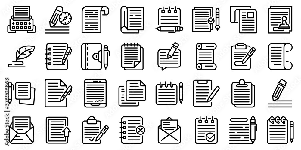 Poster writing icons set. outline set of writing vector icons for web design isolated on white background