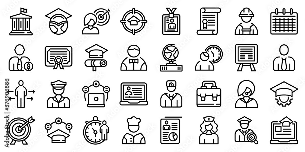 Poster job students icons set. outline set of job students vector icons for web design isolated on white ba