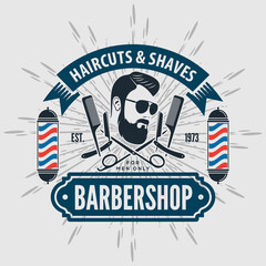 Barbershop logo, poster or banner design concept with barber pole. Vector illustration