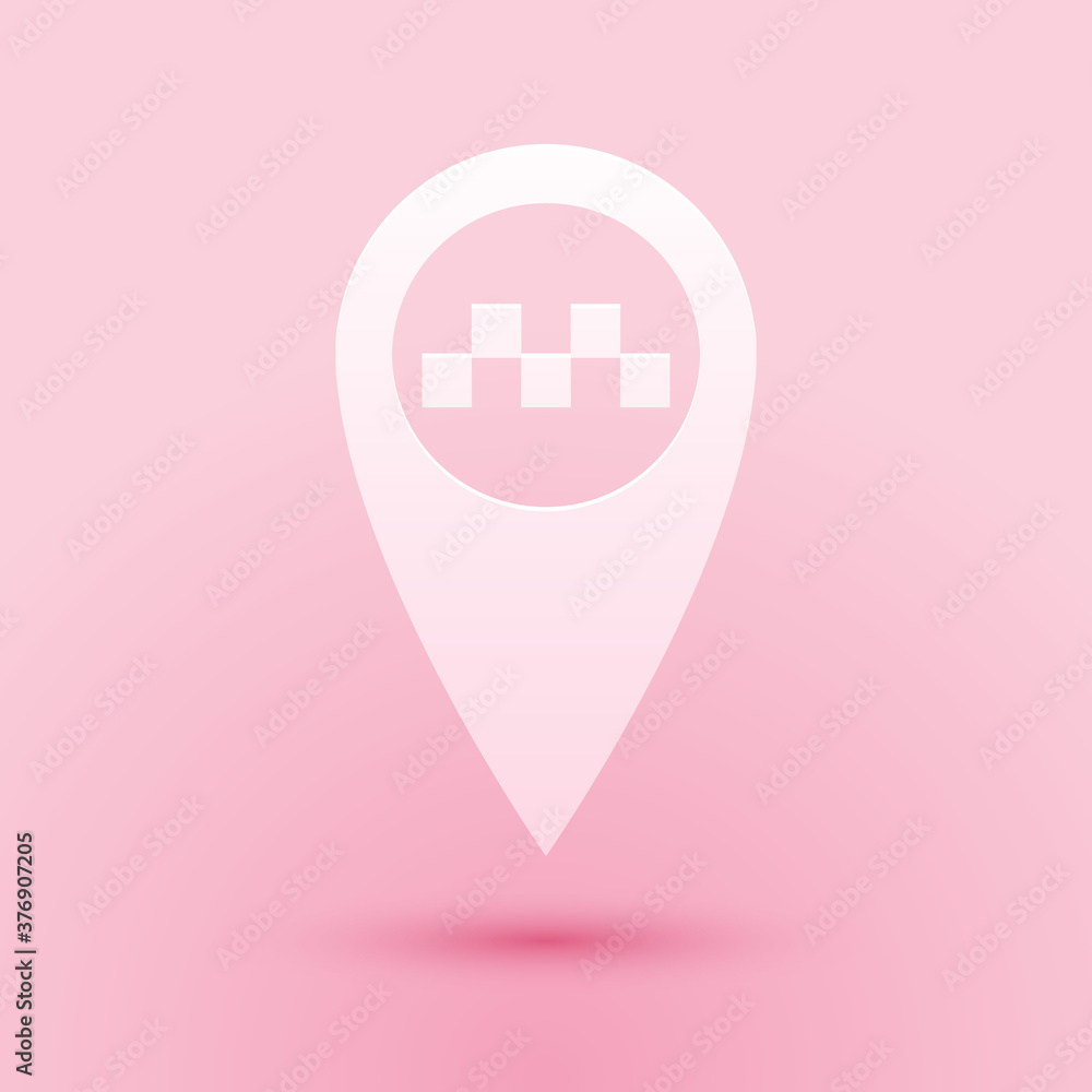 Poster Paper cut Map pointer with taxi icon isolated on pink background. Paper art style. Vector.