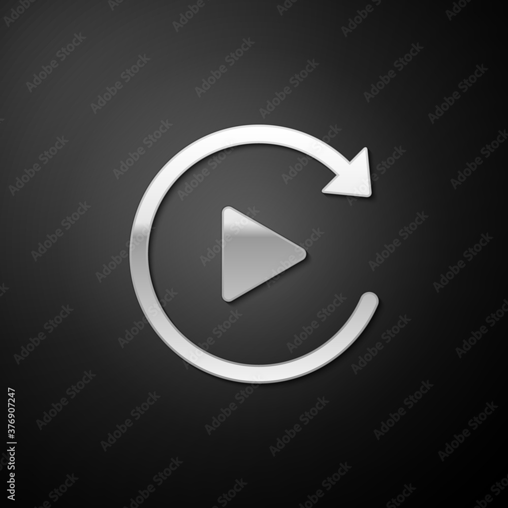 Poster silver video play button like simple replay icon isolated on black background. long shadow style. ve
