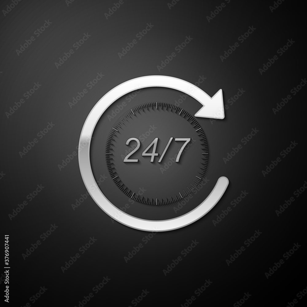Poster silver open 24 hours a day and 7 days a week icon isolated on black background. all day cyclic icon.