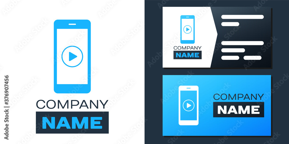 Poster logotype smartphone with play button on the screen icon isolated on white background. logo design te