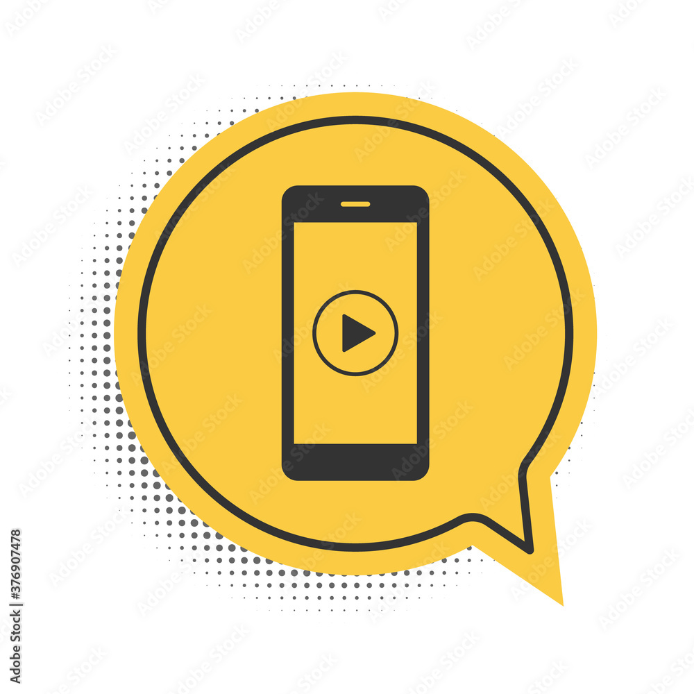 Poster black smartphone with play button on the screen icon isolated on white background. yellow speech bub