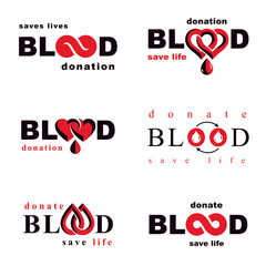 Set of vector symbols created on blood donation theme, blood transfusion and circulation metaphor. Medical care idea logotypes for use in medical care advertisement.