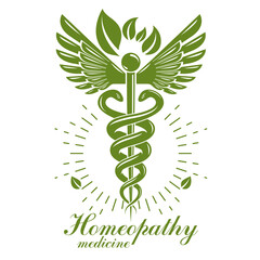 Caduceus logo composed with poisonous snakes and bird wings, healthcare conceptual vector illustration. Alternative medicine theme.