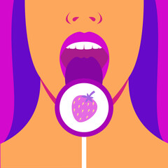 Girl licks a lollipop. Flat style. Vector illustration.