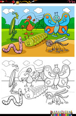 cartoon funny insects and bugs group coloring book page
