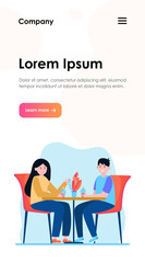 Young couple sitting in cafe and drinking bubble tea. Date, love, coffee flat vector illustration. Relationship and family concept for banner, website design or landing web page