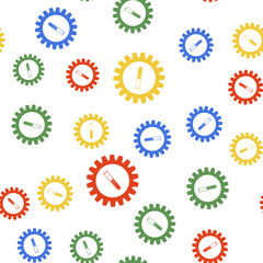 Color Gear and test tube icon isolated seamless pattern on white background. Cogwheel and flask sign. Experiment laboratory glass chemical research symbol. Vector.