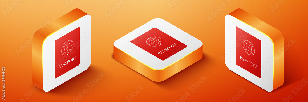 Poster isometric passport with biometric data icon isolated on orange background. identification document. 