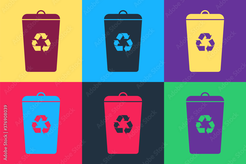 Poster pop art recycle bin with recycle symbol icon isolated on color background. trash can icon. garbage b