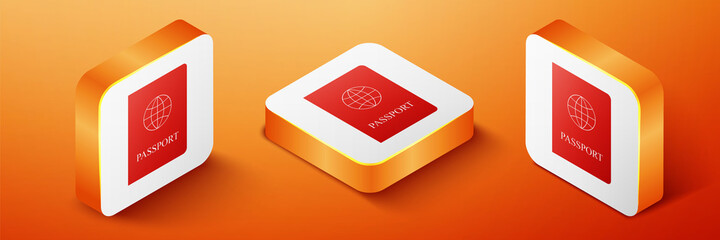 Isometric Passport with biometric data icon isolated on orange background. Identification Document. Orange square button. Vector.