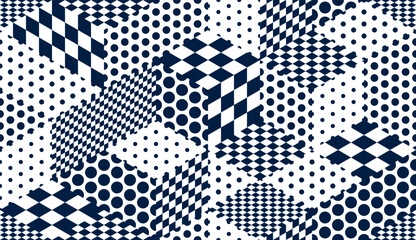 Materiał do szycia Dotted geometric 3D seamless pattern with cubes, dots and rhombuses chess boards boxes blocks vector background, architecture and construction, wallpaper design.
