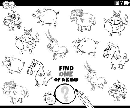 one of a kind game with farm animals coloring book page