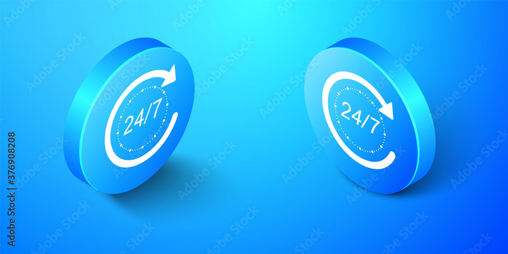 Poster isometric open 24 hours a day and 7 days a week icon isolated on blue background. all day cyclic ico
