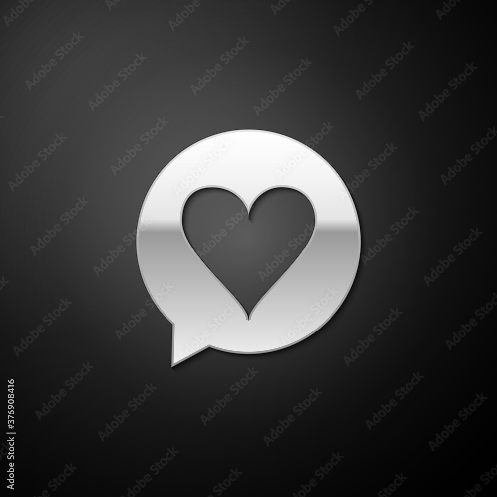 Poster silver heart in speech bubble icon isolated on black background. heart shape in message bubble. love