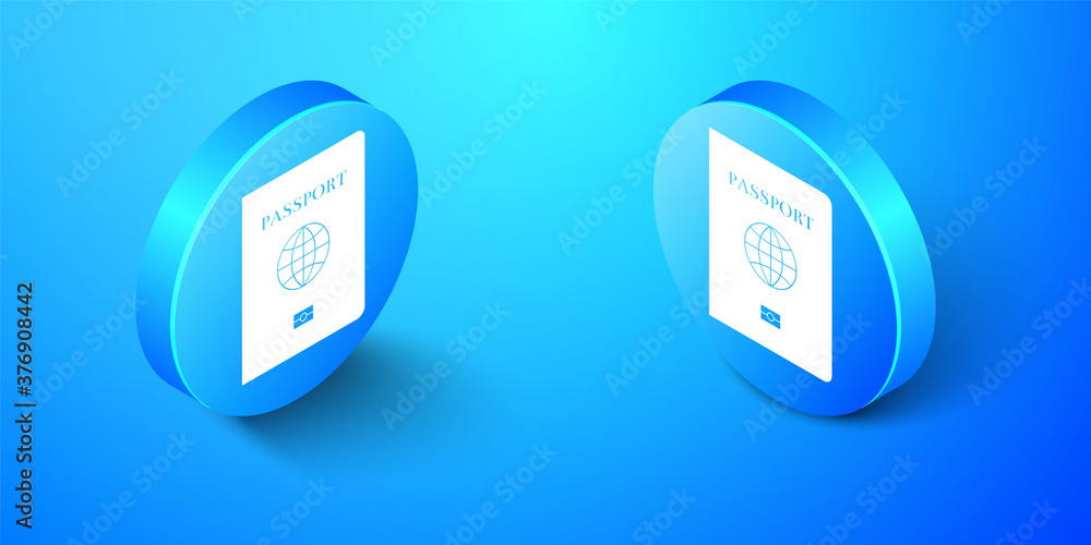 Poster isometric passport with biometric data icon isolated on blue background. identification document. bl