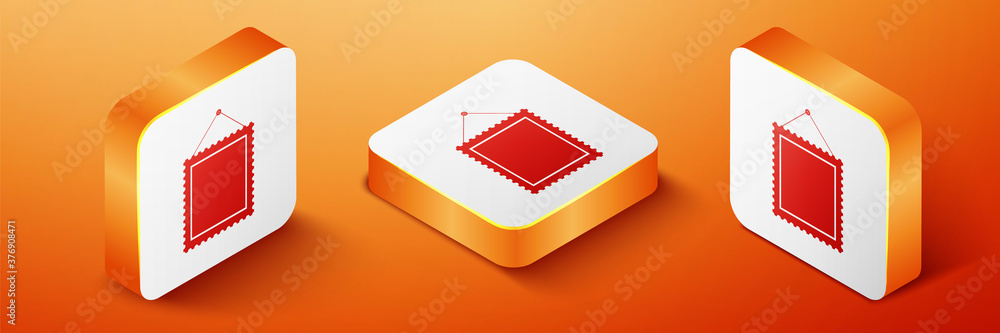 Poster isometric rectangular picture frame hanging on the wall icon isolated on orange background. orange s