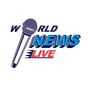 News and facts reporting vector logo composed using world news inscription and journalistic microphone equipment.