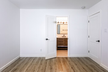 Empty bedroom with open doors leading to the livingroom, bathroom and a closet