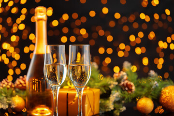 Champagne bottle and glasses on blurred lights background