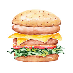 Burger watercolor painting on a white background. Illustration of a street food, burger. Juicy and colorful fast food.