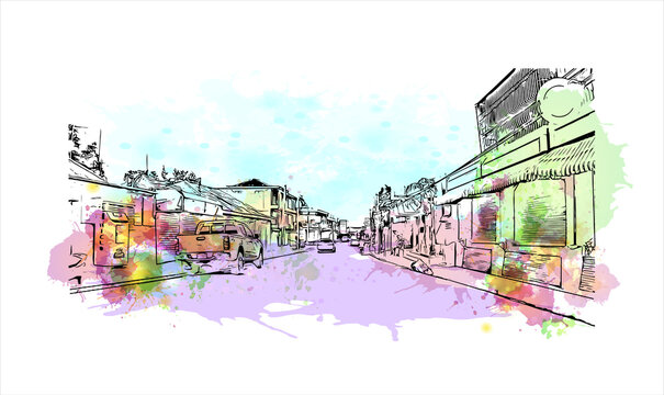 Building view with landmark of Azua de Compostela, also known simply as Azua, is a municipality and capital of Azua Province. Watercolor splash with hand drawn sketch illustration in vector.