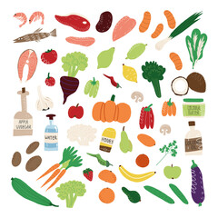 Big set of healthy nutrition like fruits and vegetables, organ meat and fish, seafood, green and salad,mushrooms,vinegar