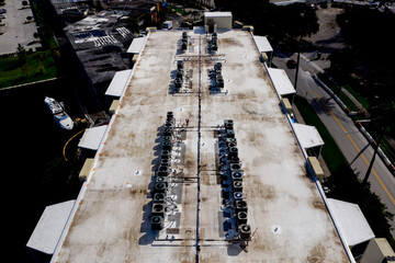 Aerial photo HVAC rooftop compressor units inspection