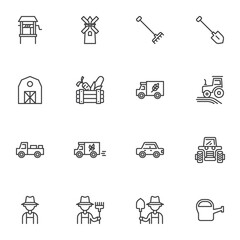 Fototapeta premium Agriculture and farming line icons set, outline vector symbol collection, linear style pictogram pack. Signs, logo illustration. Set includes icons as farmers, harvester truck, tractor and field