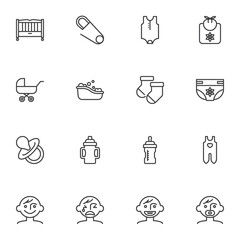 Newborn baby line icons set, outline vector symbol collection, linear style pictogram pack. Signs, logo illustration. Set includes icons as baby carriage, clothing, diaper, milk bottle, pacifier, bath