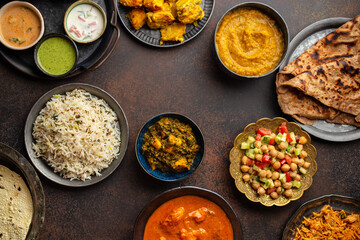 Variety of Indian food, different dishes and snacks on dark rustic background. Pilaf, butter chicken curry, rice, palak paneer, chicken tikka, dal soup, naan bread, assortment of chutney. Top view.