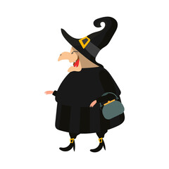 Witch in a black robe. Witch in a white hat. Good for a Halloween-themed design. Isolated. Vector.