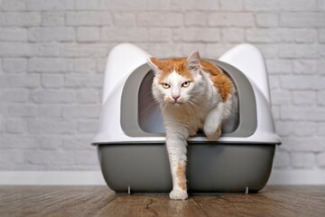 Funny tabby cat going out of a litter box. Panramic image with copy space.