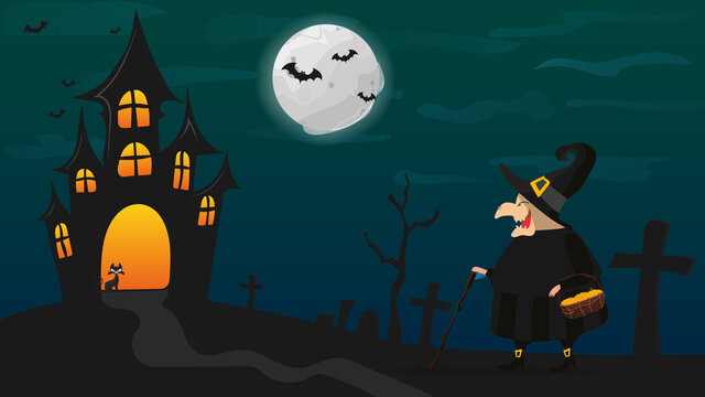 Halloween night. Witch in a black robe. Witch with a hat. A haunted castle. Suitable for Halloween-themed designs. Vector.