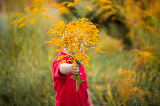 A little boy holds a bouquet of ambrosia in front of him, the child's face is not visible.
